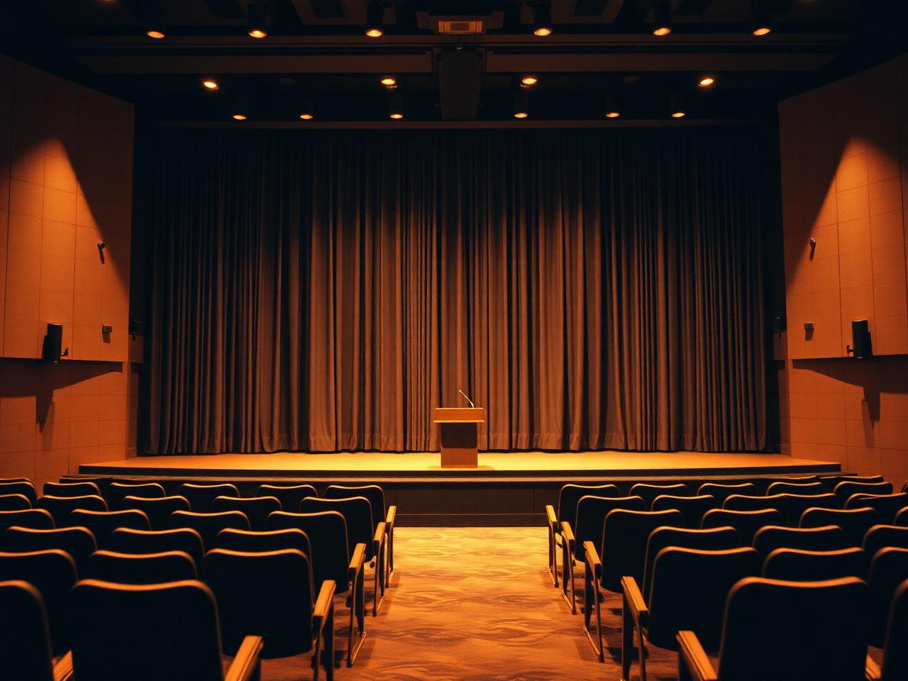An empty stage with a single lectern and rows of seats facing forward.