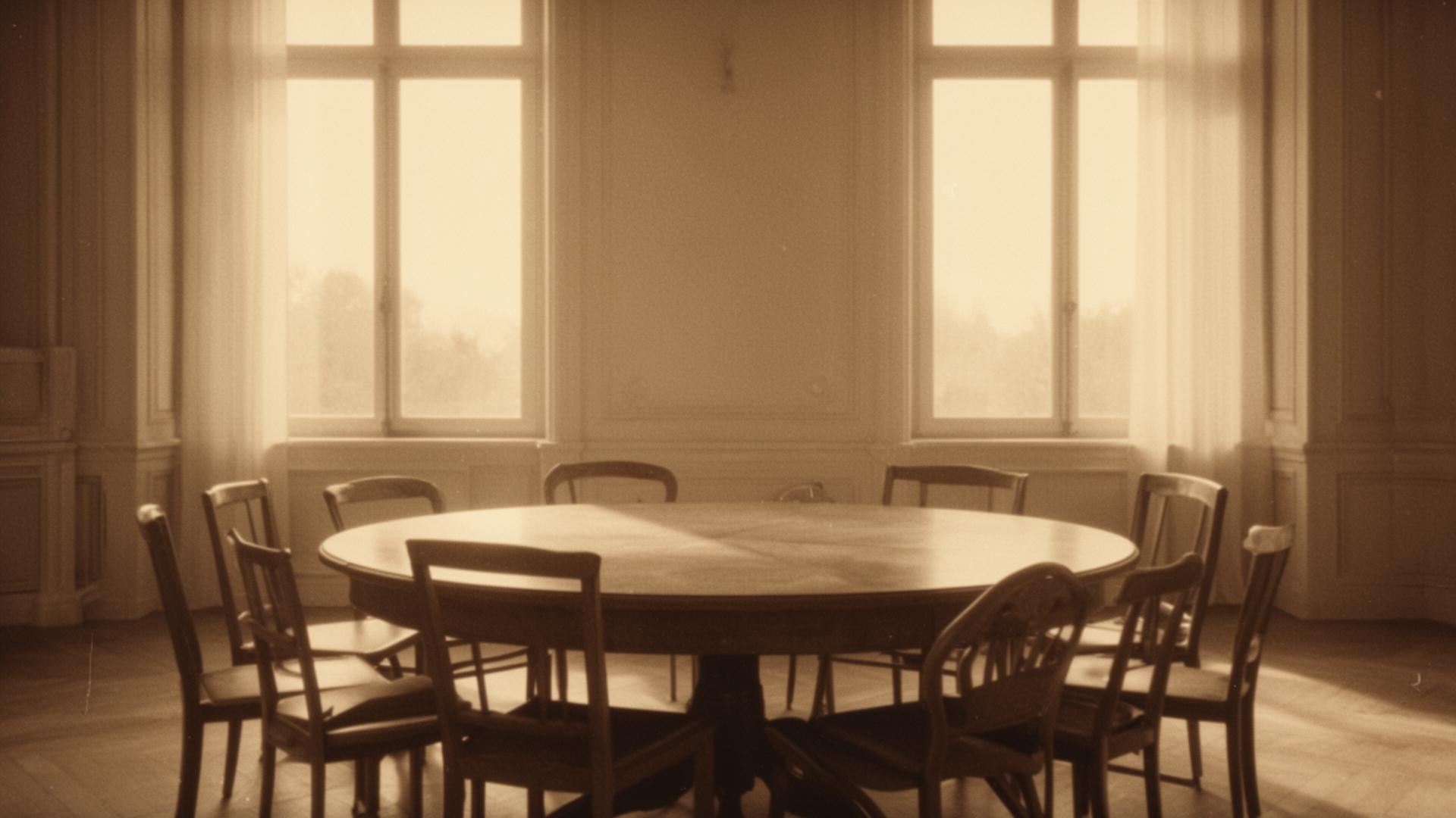 A round table ringed with empty chairs in soft window light.