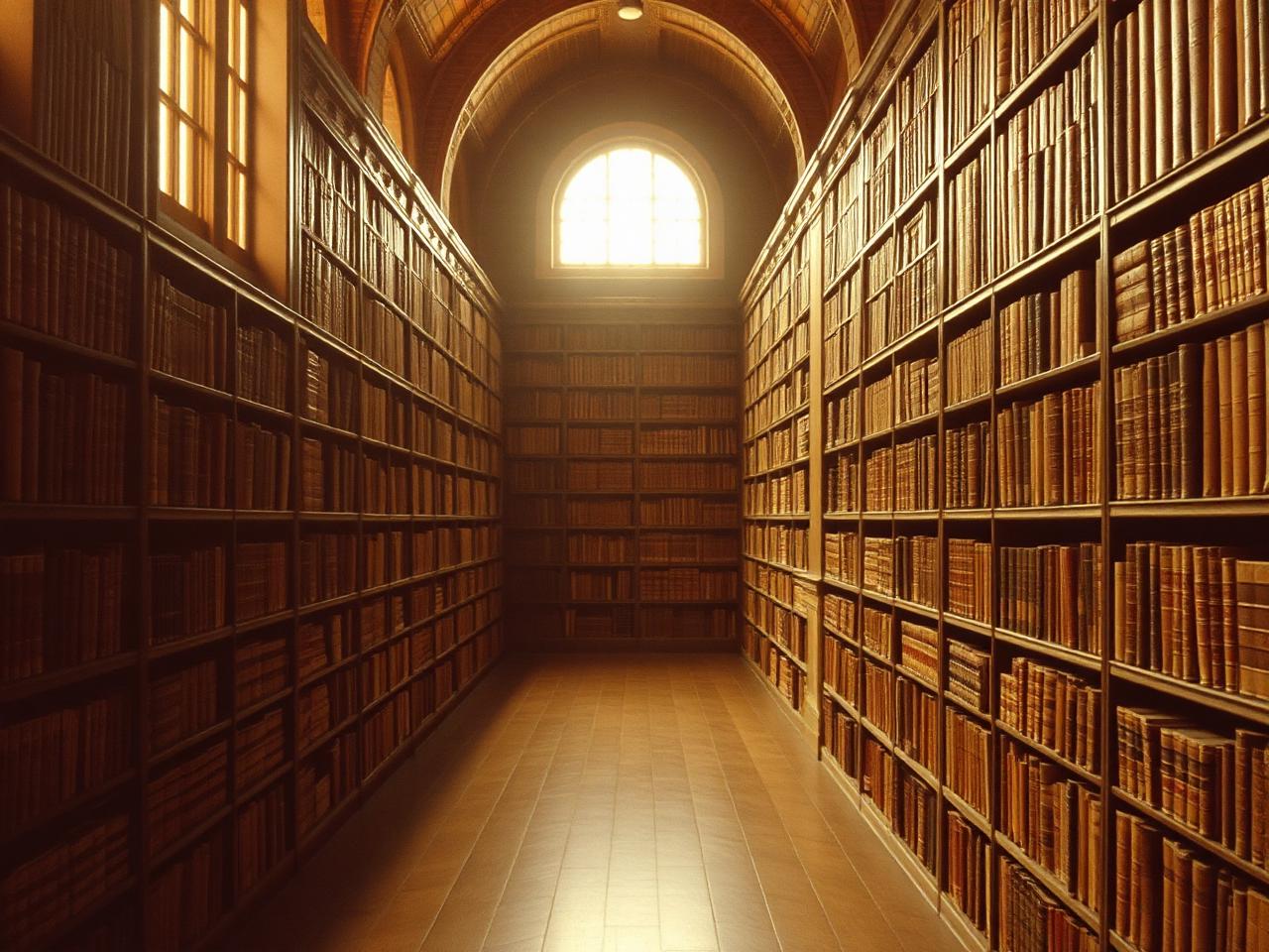 A vast library wall of books dissolving into light.