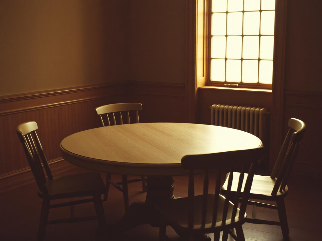A round table with no head seat in soft window light.